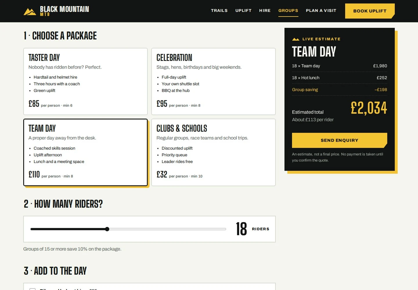 Group planner with a team day package for eighteen riders and a live estimate