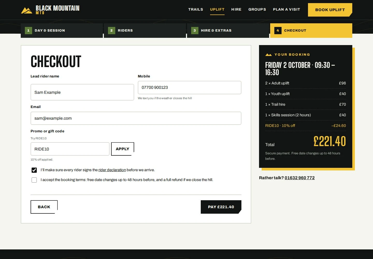 Uplift booking checkout, with a running summary of riders, hire, coaching and a promo code discount