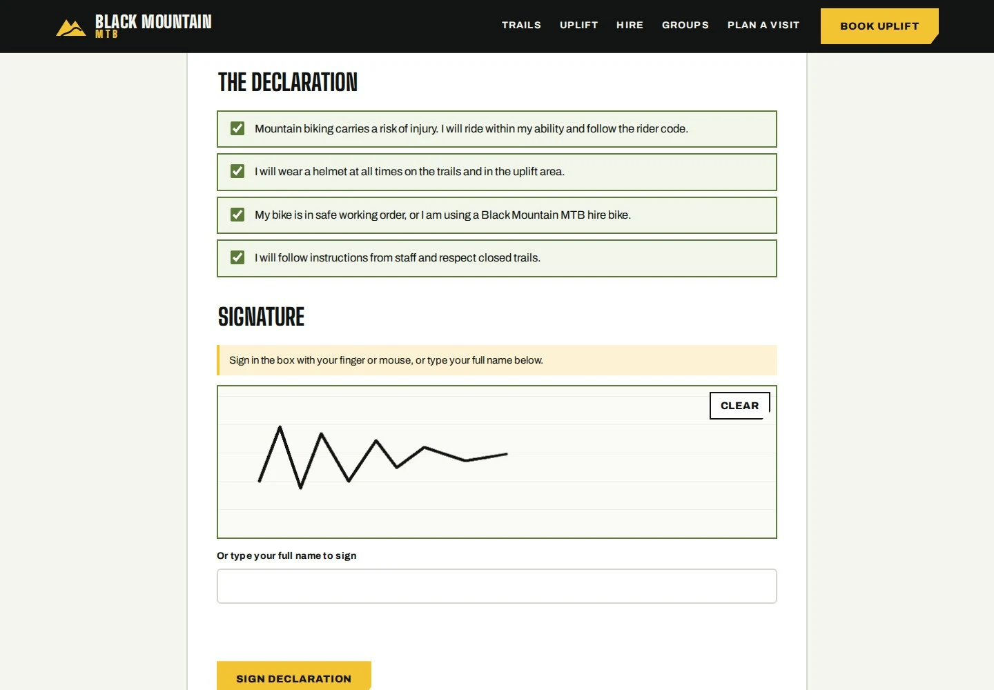 Online rider declaration with ticked statements and a drawn signature