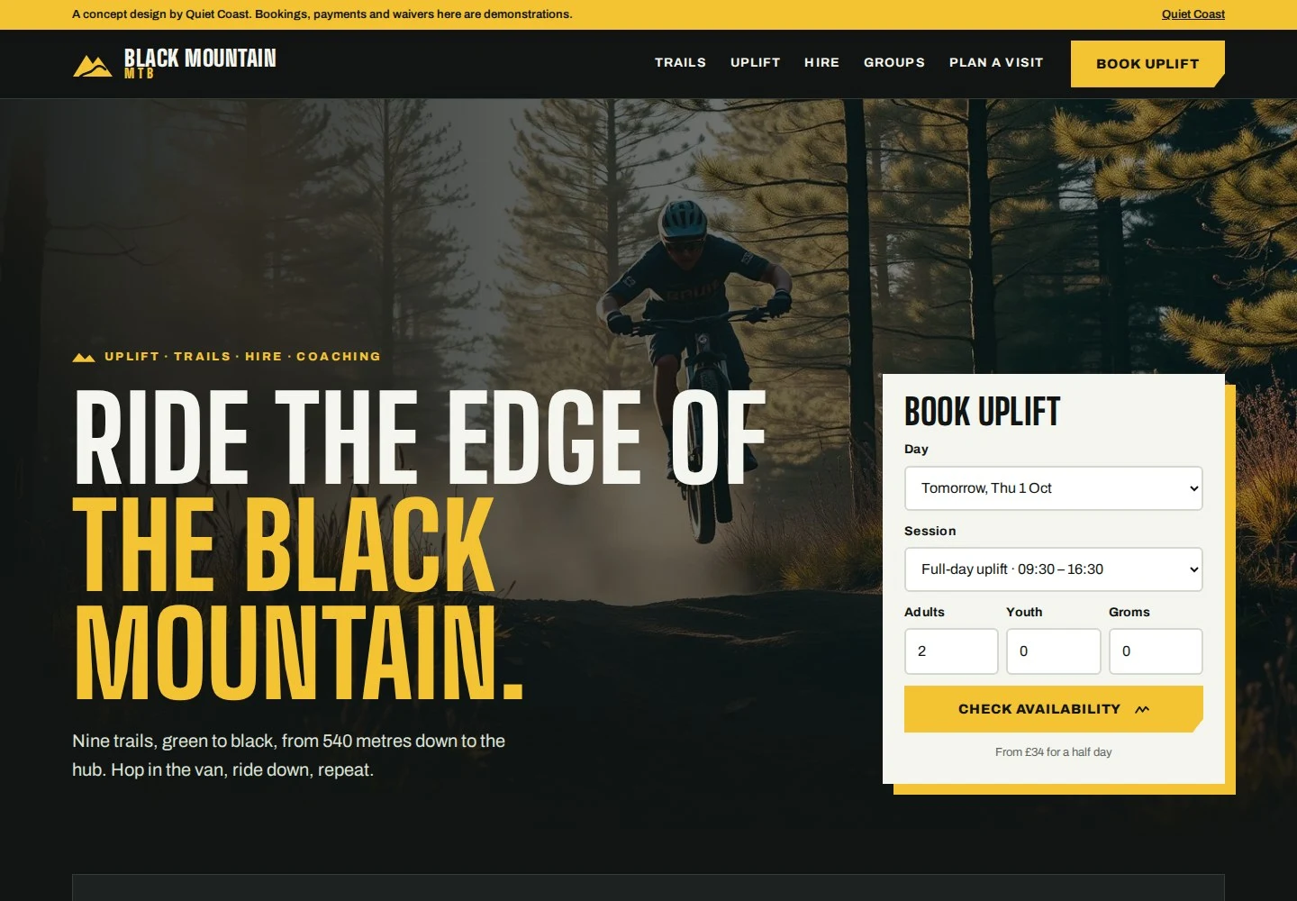 Black Mountain MTB concept homepage, with a rider in the air over a forest jump and an uplift booking panel