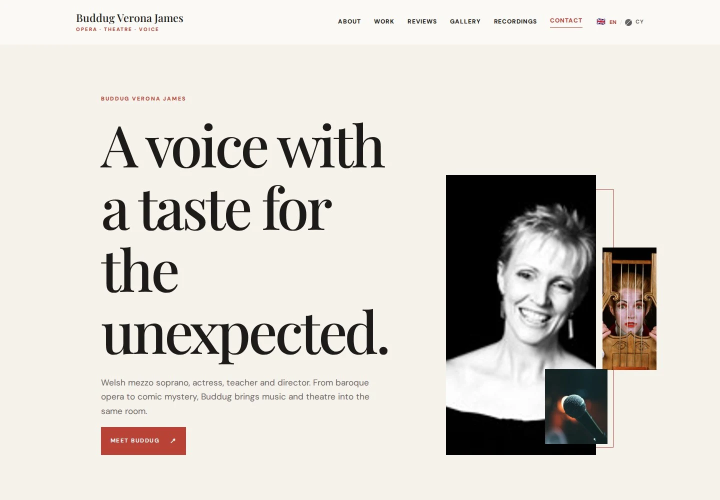 Genuine Buddug Verona James beta website, with expressive typography and performance imagery