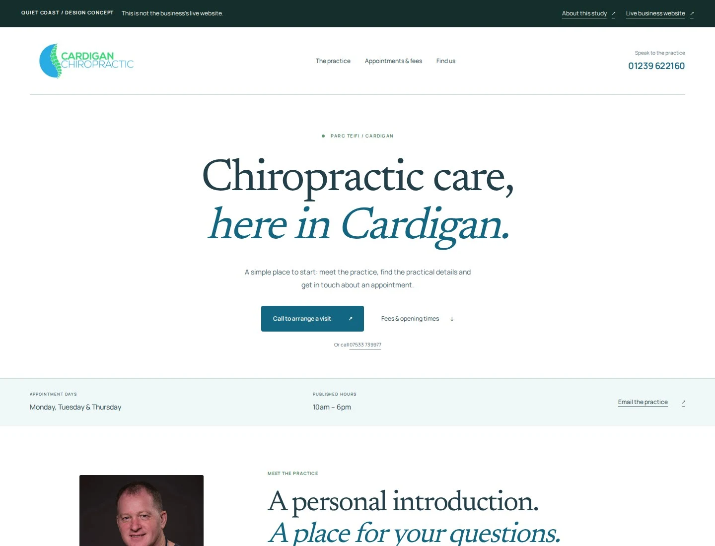 Rendered Quiet Coast homepage concept for cardigan chiropractic — a design study, not the live business website