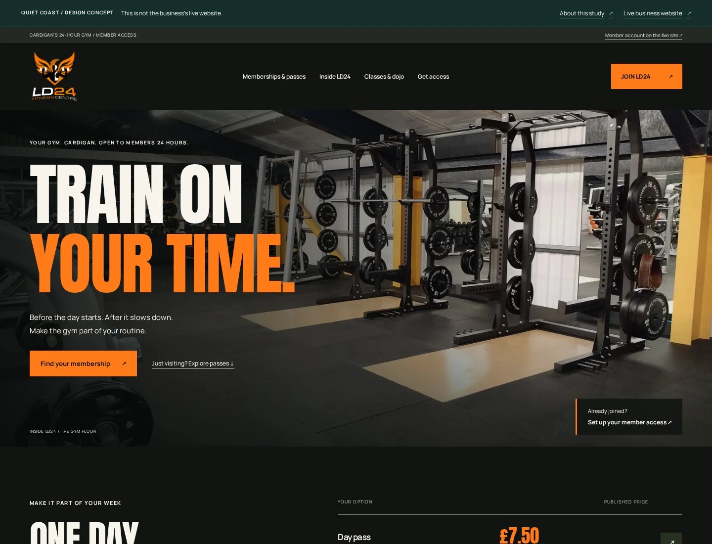 Rendered Quiet Coast homepage concept for ld24 fitness — a design study, not the live business website