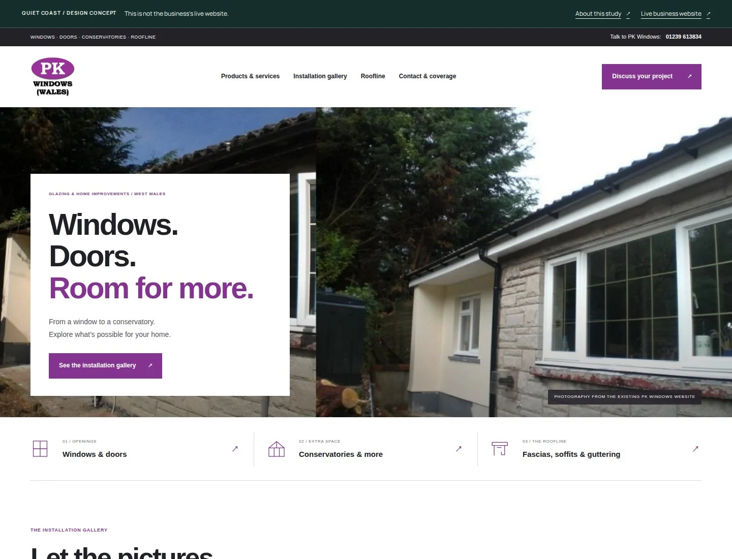 Rendered Quiet Coast homepage concept for pk windows — a design study, not the live business website