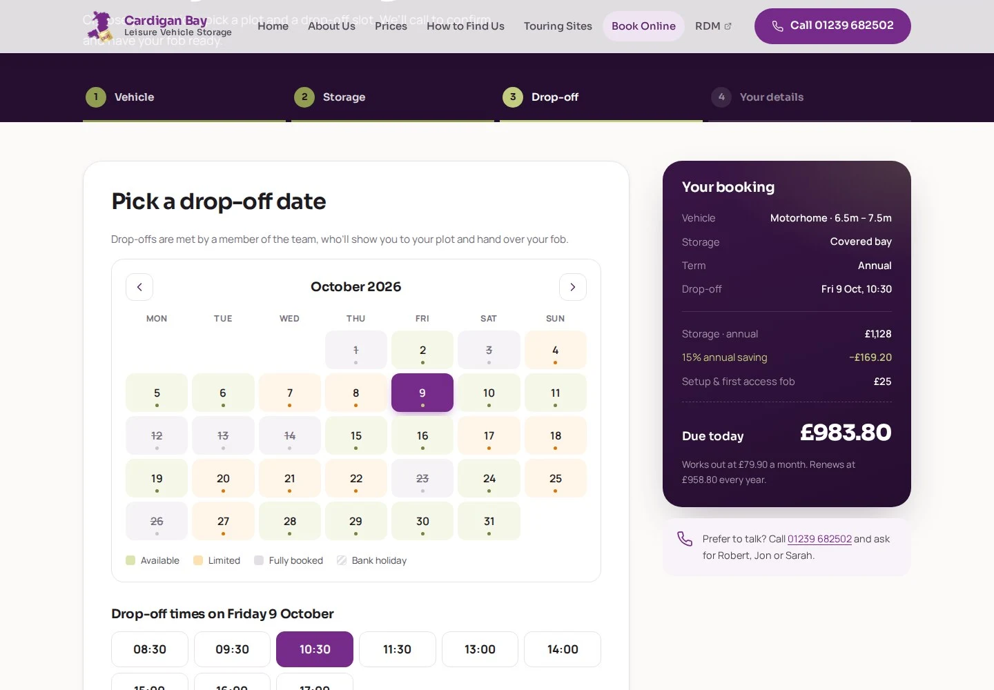 Booking step three: an availability calendar for October with a drop-off date and time selected, beside a booking summary showing the total due
