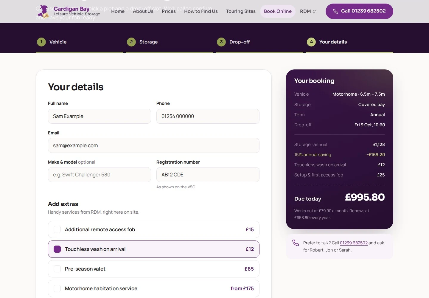 Booking step four: contact details and optional extras, with the checkout summary updated to include a touchless wash