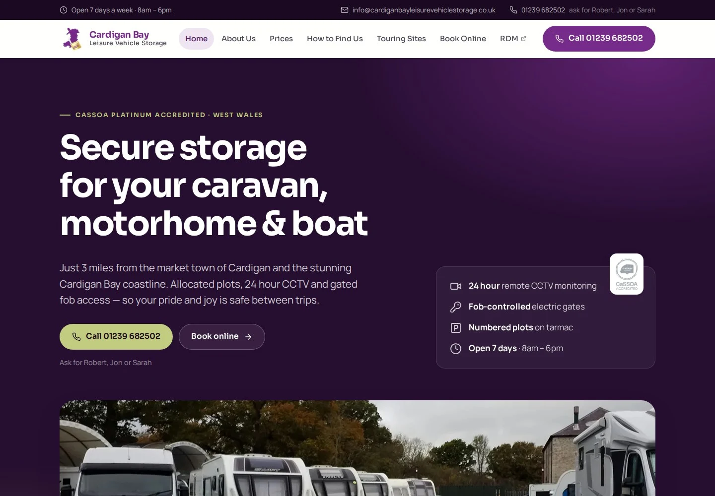 Genuine Cardigan Bay Leisure Vehicle Storage demo website, with a purple hero, a large headline about secure caravan, motorhome and boat storage, and a Book online button