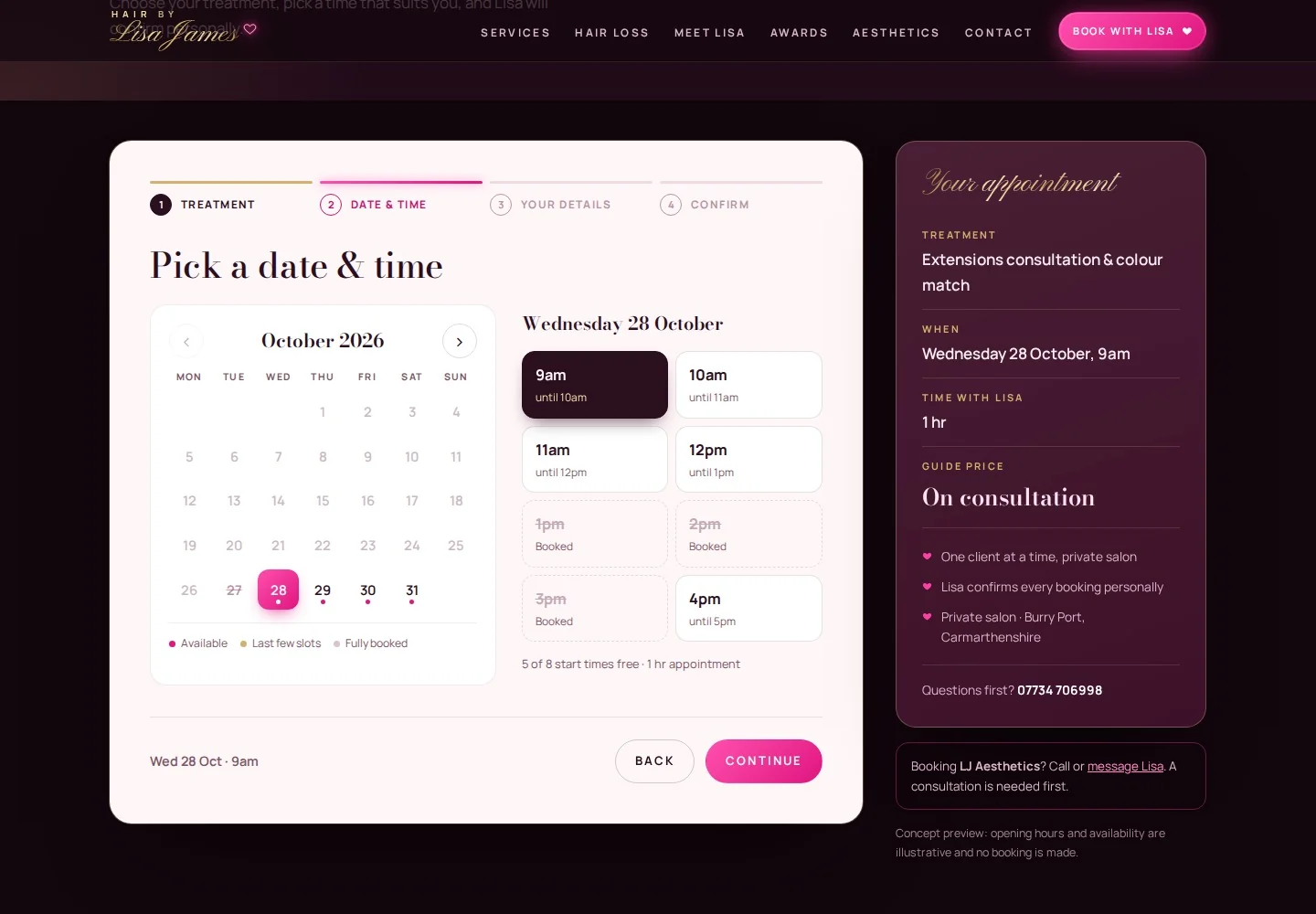 Hair By Lisa James booking prototype showing a date calendar and time-slot selection beside the appointment summary
