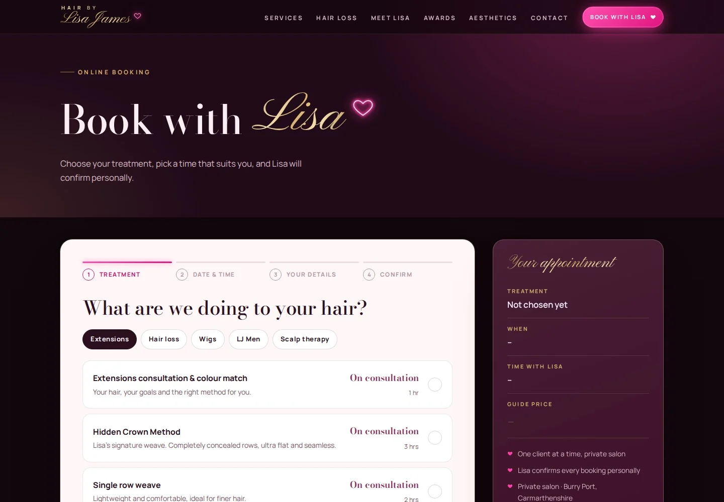 Hair By Lisa James booking prototype showing treatment categories, service choices and an appointment summary
