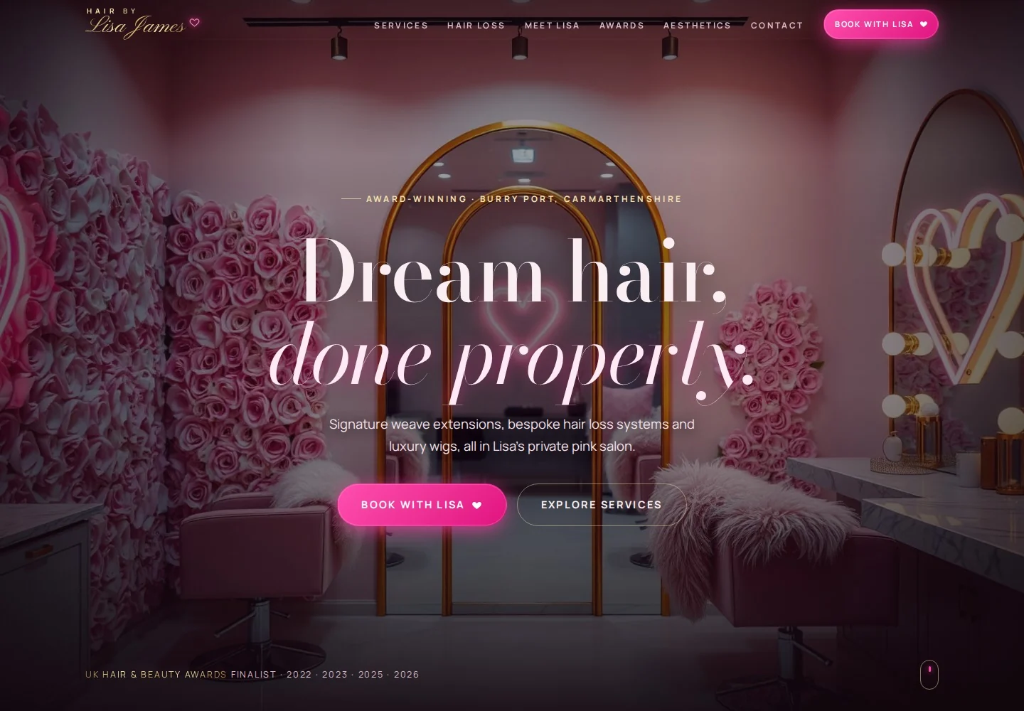 Hair By Lisa James development homepage with a plum and blush design and an appointment-booking call to action