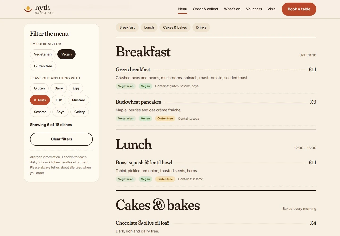 The menu filtered to vegan dishes with nuts excluded, showing six of eighteen dishes