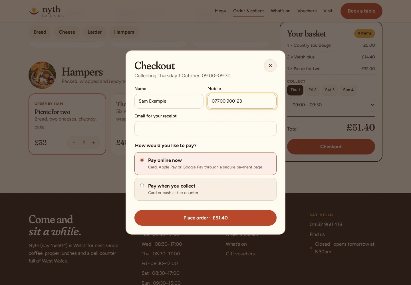 Click and collect checkout, with collection time and a choice of paying online or on collection