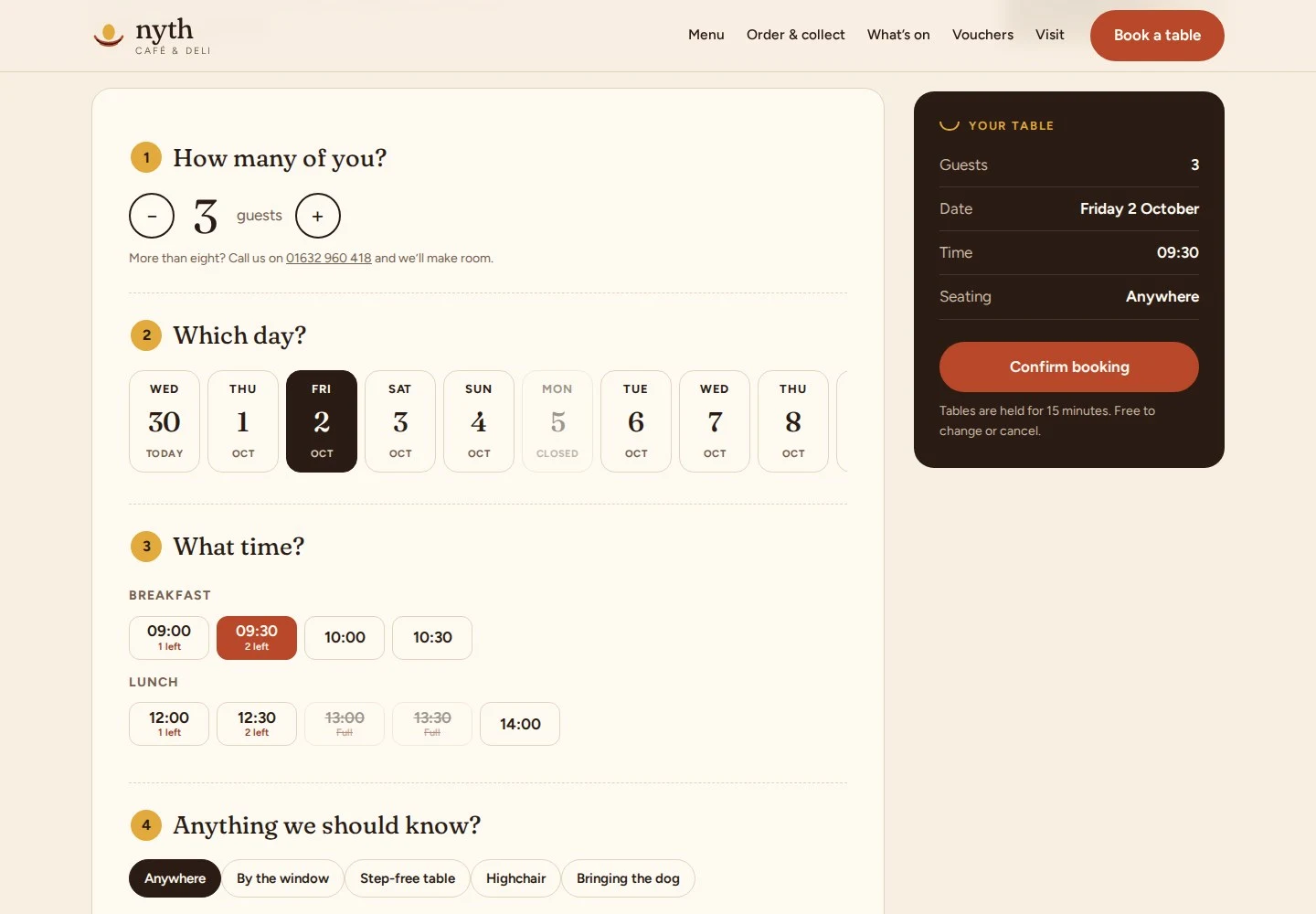 Table booking: party size, a strip of dates and time slots showing how many tables are left, with a booking summary
