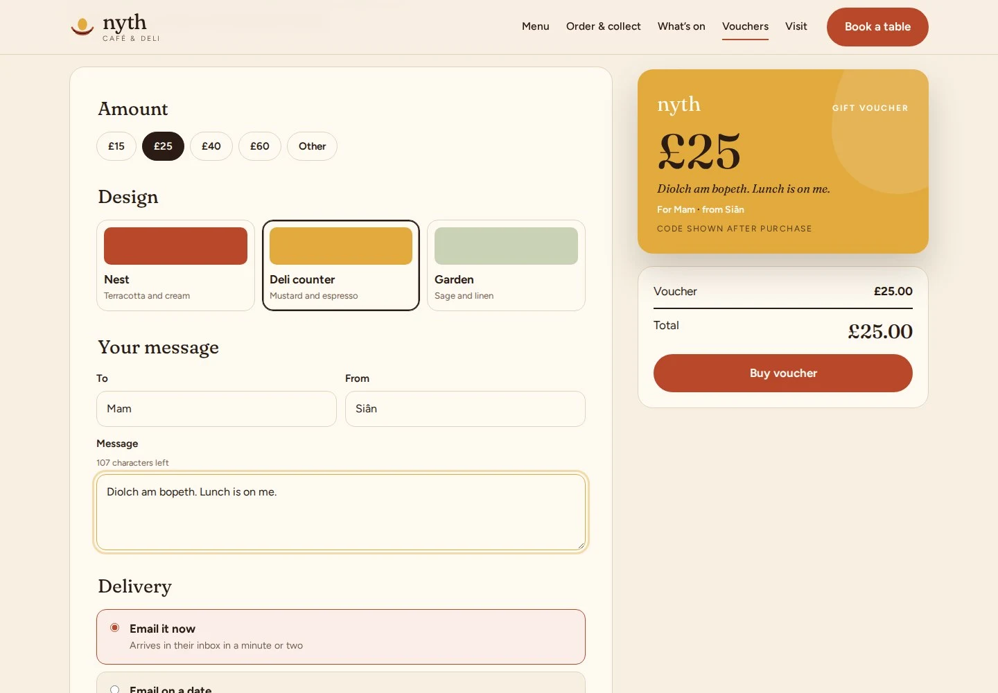 Gift voucher builder with amount, design and message, beside a live preview of the voucher