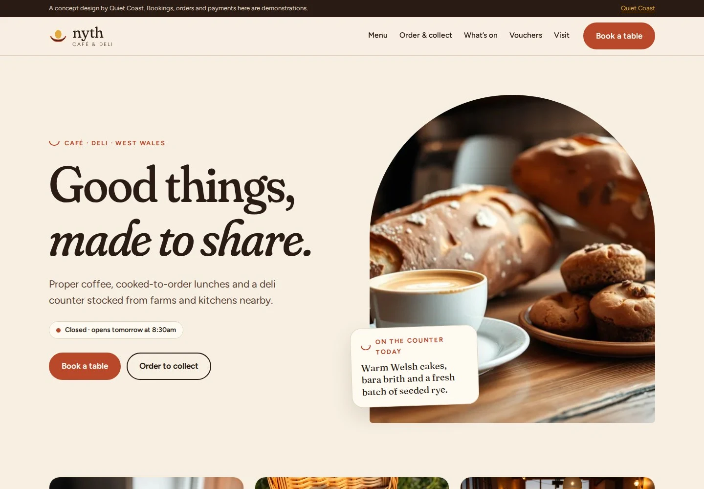 Nyth Café & Deli concept homepage, with a large serif headline beside an arched photograph of bread and coffee