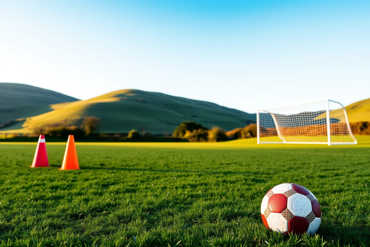 A football and training cones on a sunny grass pitch, illustrative imagery for the fictional Seagulls club