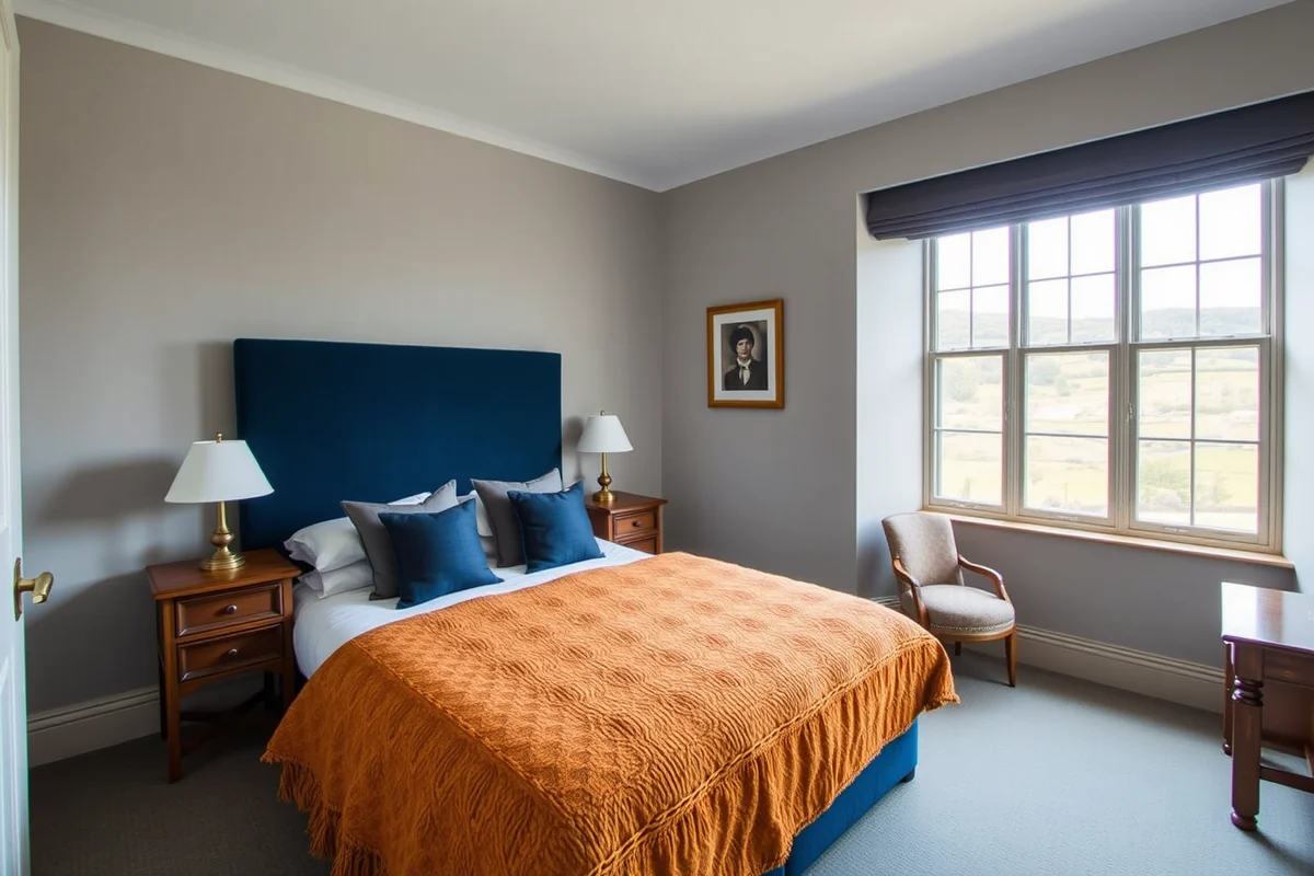 An illustrative boutique bedroom with blue and ochre furnishings