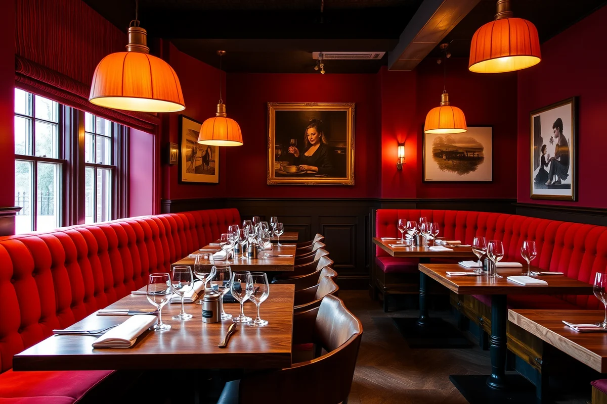An illustrative neighbourhood restaurant with warm lamps and comfortable seating