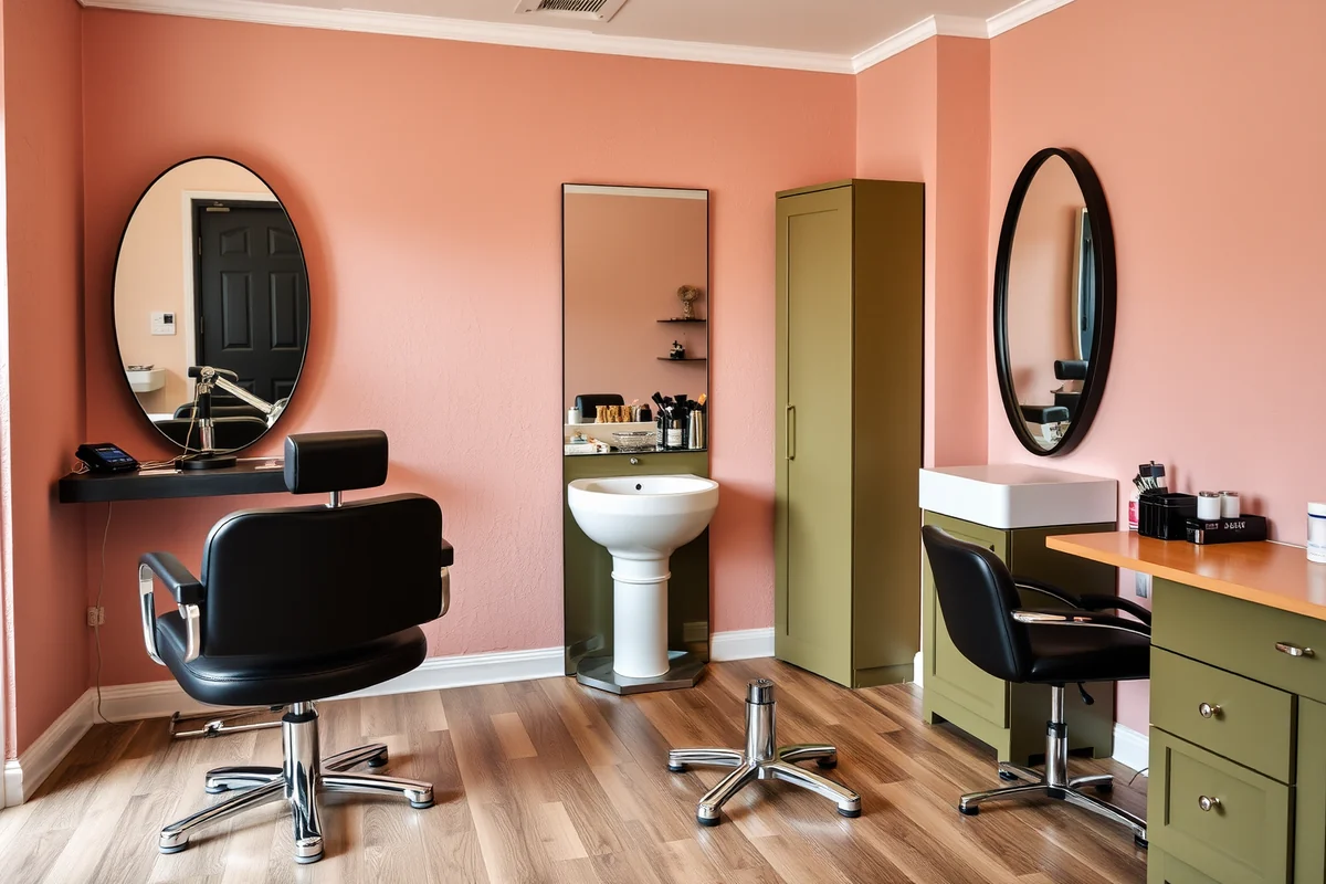 An illustrative hair and nail studio with styling mirrors