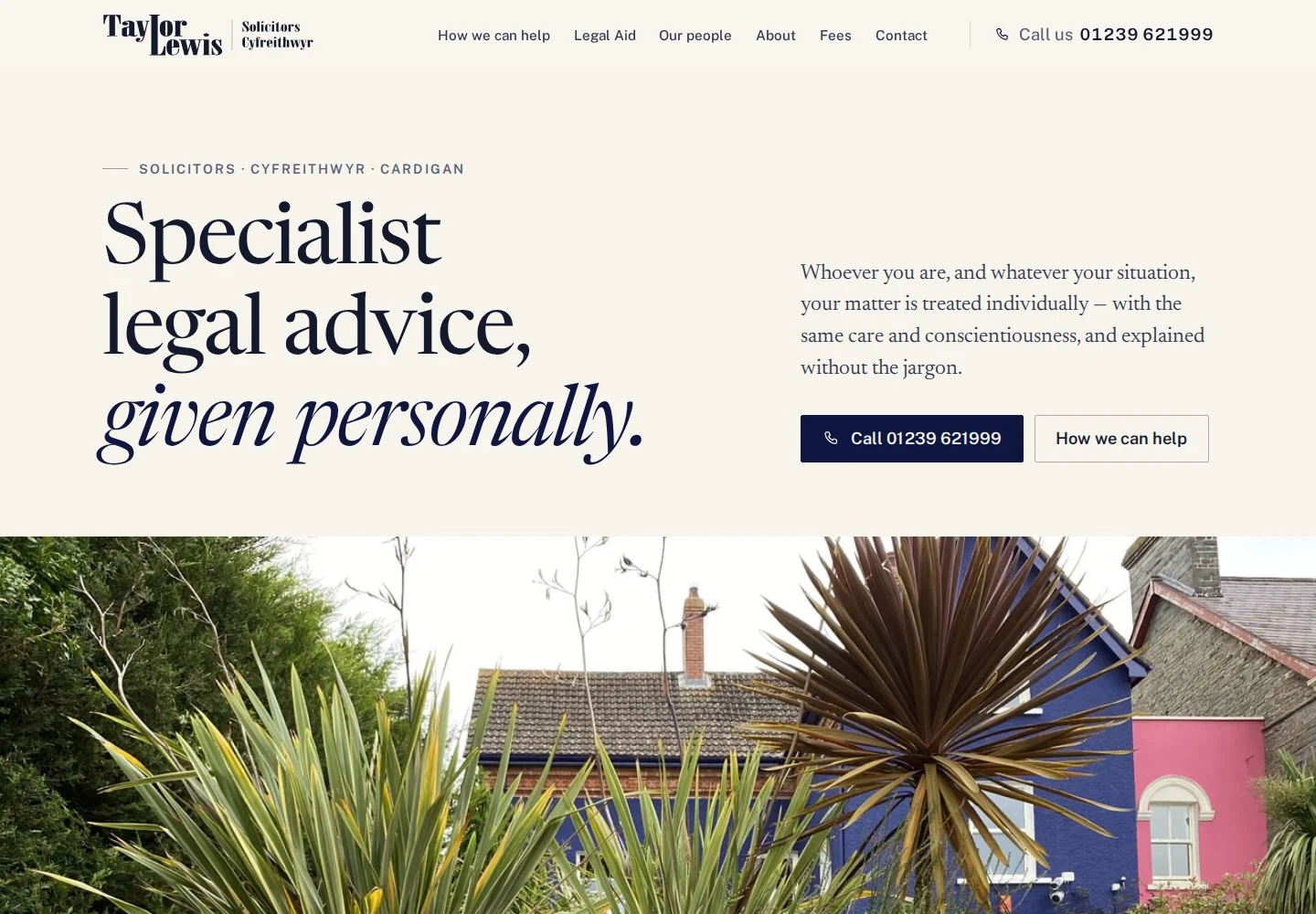 Genuine Taylor Lewis Solicitors beta website, with a large serif headline and a photograph of Bingham House, Cardigan